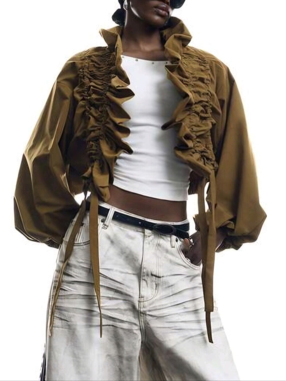 Women's Solid Color Long Sleeve Ruffle Drawstring Design Regular Jacket Office - Picture 5 of 9